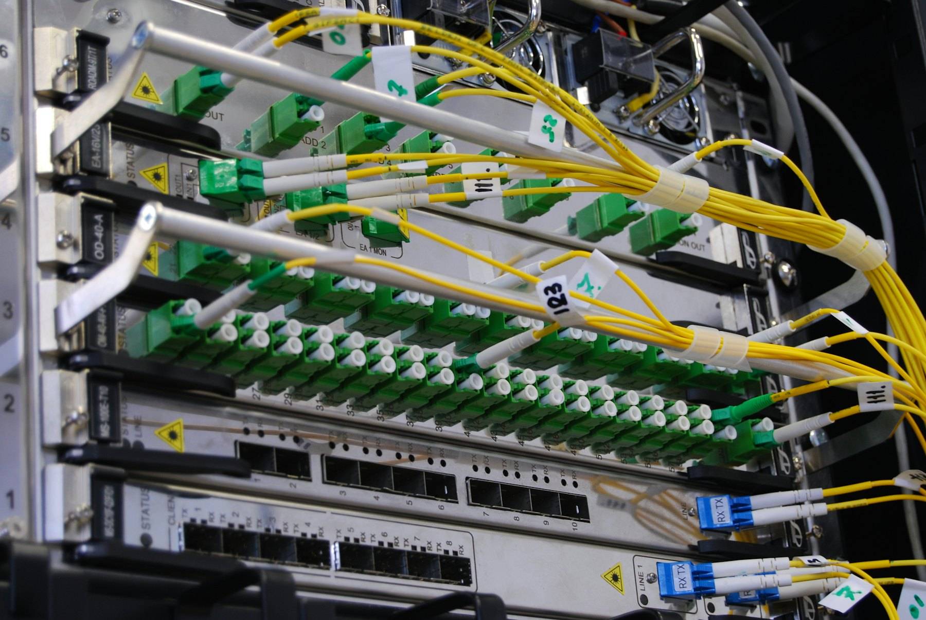 Câbles à fibre optique raccordés à un commutateur réseau